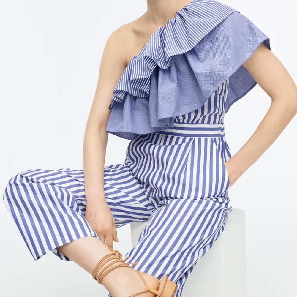 J. Crew Blue and White One-Shoulder Striped Jumpsuit